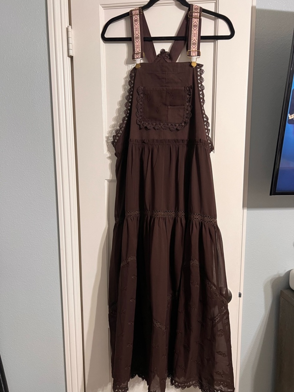 Amazon Brown Maxi Pinafore Dress with Embroidered Straps